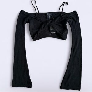 Nasty Gal Black Off Shoulder Knit Top Flared Sleeve Twist Bust S UK Made